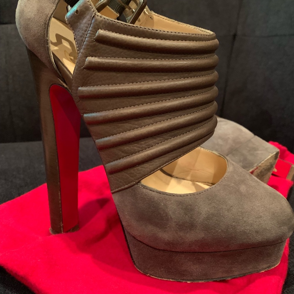 Christian Louboutin Taupe Suede Platform Pumps with Ribbed Strap and Red Sole